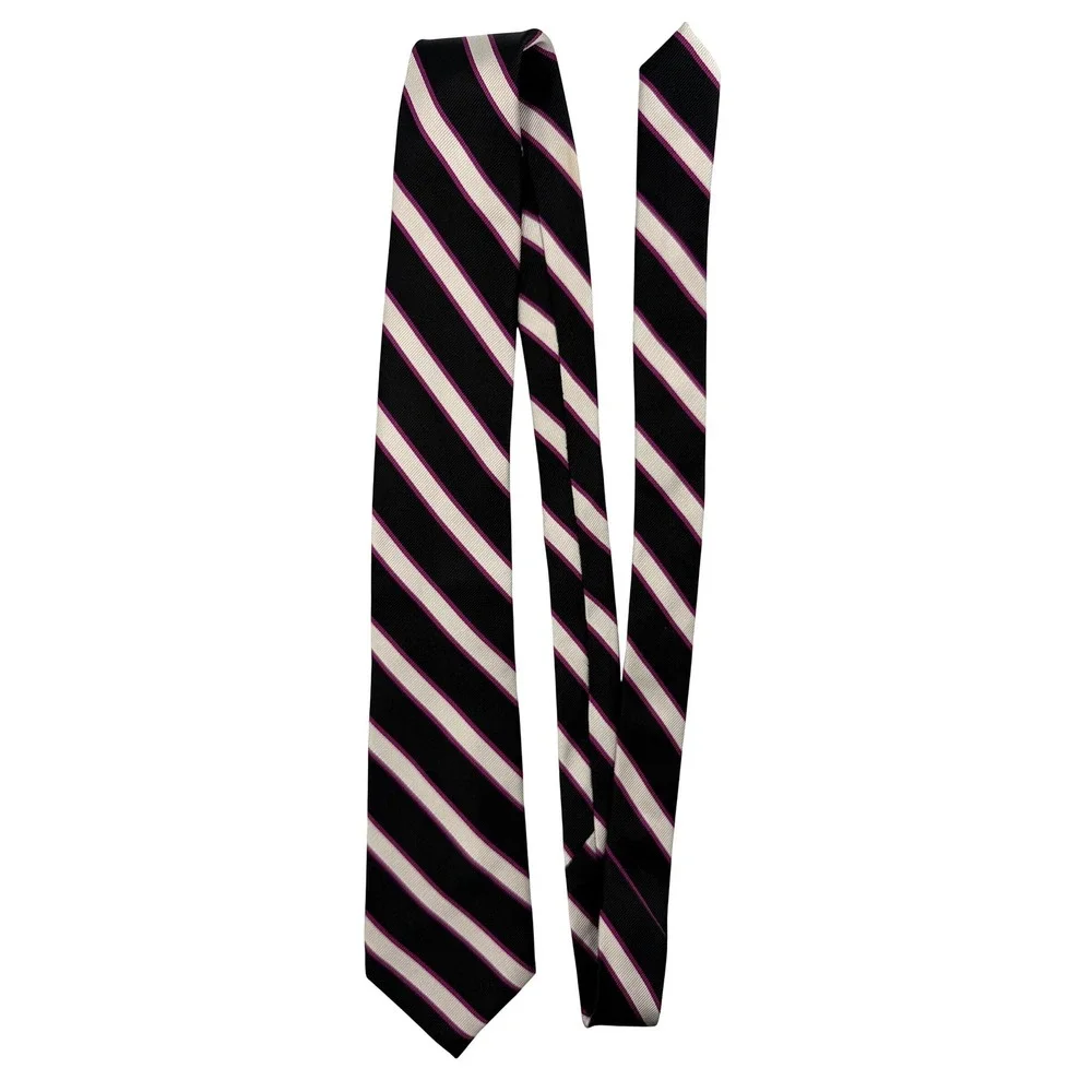 IZOD 100% Repp Silk Necktie Mens Black White Pink Diagonal Stripe 59